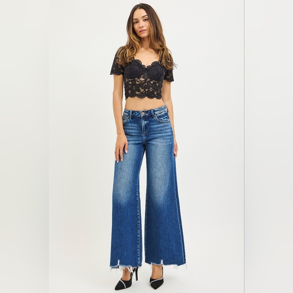 RISEN HR Dark Wash Wide Leg Jeans Stretch Palazzo Distressed Hems Various NEW
